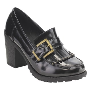 C Label Women's AE40 Faux-patent Leather Fringe, Buckled, and Strappy Slip-on Block-heel Preppy Pumps