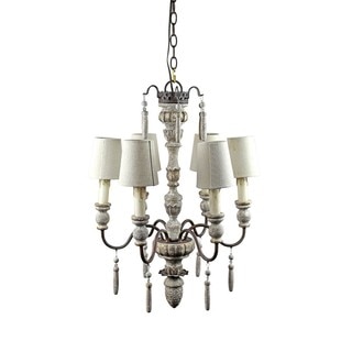 Antique Wood 6 Light Chandelier with Fabric Shades