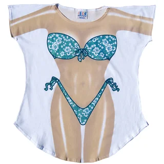 Fantasy Swimsuit White Cotton Teal Flower Coverup