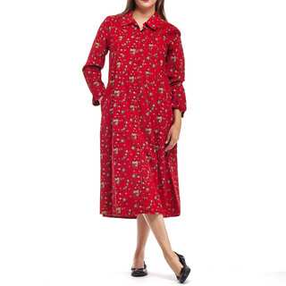 La Cera Women's Red Cotton Long-sleeved Coduroy Dress