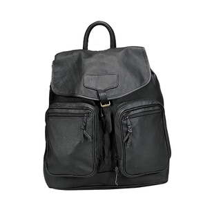 Goodhope Black Leather Drawstring Flapover Backpack