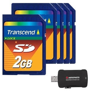 Transcend 2 GB SD Flash Memory Card - Pack of 5 - With Bonus AGFA SD Card Reader/Writer with Rubberized Grip