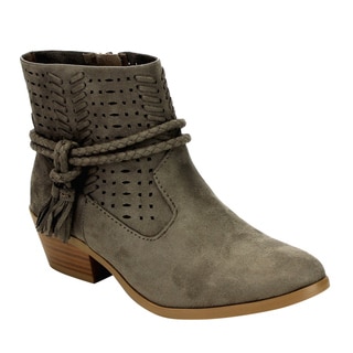 Soda Women's FF49 Taupe Faux-suede Tassels Braided Straps Stacked Block-heel Ankle Booties