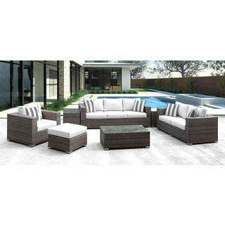Solis Lusso 7-piece Outdoor Sofa Grey Rattan with White Cushions and Grey/White Stripe Pillows
