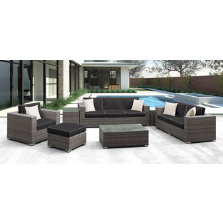 Solis Lusso 7-piece Outdoor Sofa Grey Rattan with Black with Cream welting and Cream Toss Pillows