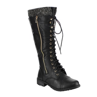 Forever GF55 Women's Faux Leather Knitted Collared Lace-up Lug-sole Knee-high Zipper Combat Boots