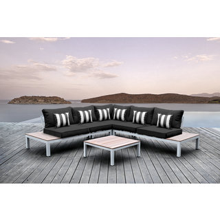 Solis Pulito 4-piece Deep Seated White Modular Sectional Patio Set, with Black Cushions, and Black/ White Stripe Toss Pillows