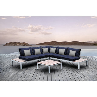 SOLIS Pulito 4-piece Outdoor White Aluminum Deep Seated Sectional, with Navy Cushions, and Grey Square Toss Pillows Patio Set