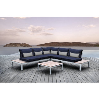 Solis Pulito 4-piece Deep Seated White Frame Modular Sectional Patio Set, with Navy Cushions, and Grey Toss Pillows