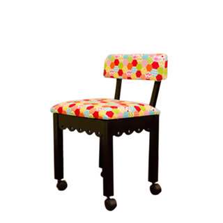Arrow Sewing Cabinet Model 6013 Black Chair with Gingerbread and Hexi Rainbow Fabric