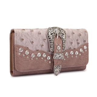 Dasein Faux Ostrich Leather with Buckle and Rhinestones Tri-fold Wallet
