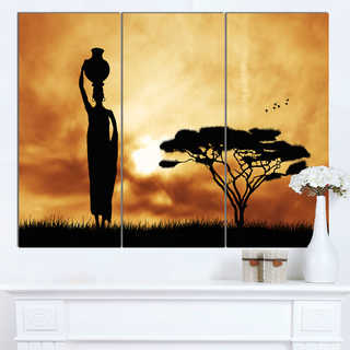 Designart 'African Woman and Lonely Tree' Extra Large African Landscape Canvas Art