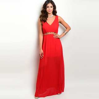 Shop the Trends Women's Red Polyester Sleeveless Chiffon Maxi Dress With Exposed Waist Detail