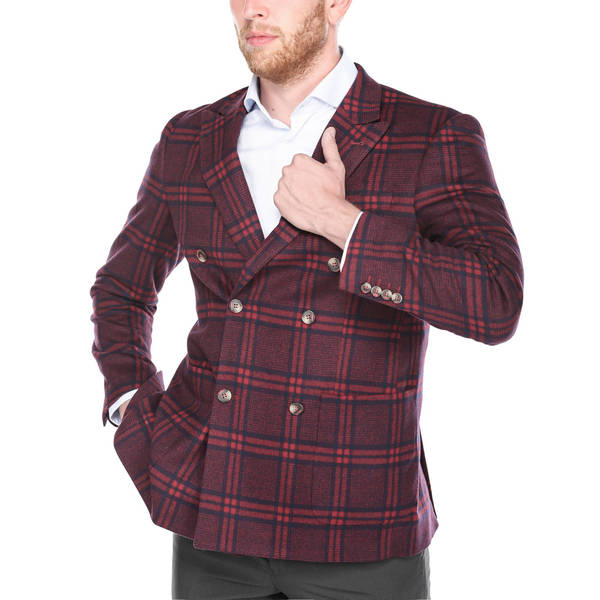 Verno Men's Red/Blue Wool/Rayon/Nylon Plaid Double-breasted Peak Lapel Slim-fit Blazer