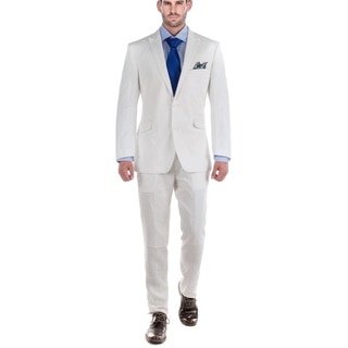 Verno Men's White 100% Linen 2-piece Classic-fit Peak-lapel Jacket and Pants Suit