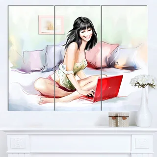 Designart 'Pretty Woman with Laptop' Portrait Canvas Wall Art Print
