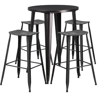 30-inch Round Black-Antique Gold Metal Indoor-Outdoor Bar Table Set with 4 Distressed Backless Saddle Seat Barstools