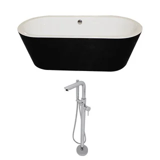 Anzzi Dualita Black Acrylic Standalone Soak Tub w/ Chrome Sens Faucet (5.6 ft.)
