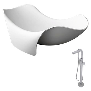 ANZZI Cielo 6.5 ft. Man-Made Stone Double Slipper Flatbottom Non-Whirlpool Bathtub in Matte White and Sens Faucet in Chrome