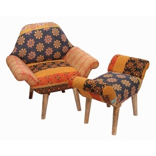 Tan/ Black/ Orange Kantha Chair and Ottoman Set (India)