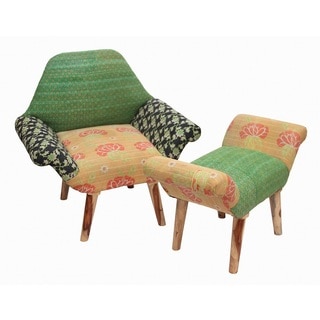 Black/ Green/ Orange Kantha Chair and Ottoman Set (India)