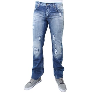 JSM Men's Blue Cotton Distressed Straight-leg Jeans