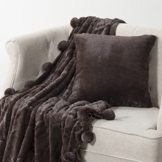 Aurora Home Luxe Mink Faux Fur Throw Pom Pom Blanket and Throw Pillow Cover Set