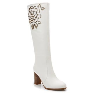 Rosewand Women's 'Bolsa' White Faux Leather Patterned Stitch Glittering Boots