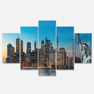 Designart 'Evening New York City Skyline Panorama' Extra Large Cityscape Glossy Metal Wall Art