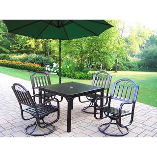 Hometown 6 Pc Dining Set with Square Table, 4 Swivel Chairs and 10 ft Green Umbrella with Base