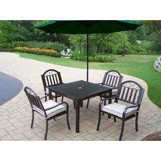 Hometown 6 Pc Dining Set with Square Table, 4 Oatmeal toned Cushioned Chairs and 10 ft Green Umbrella with Base