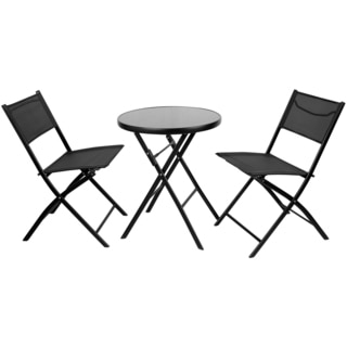 23.75-inch Round Tempered Glass Metal Outdoor Table with 2 Textilene Fabric Folding Chairs