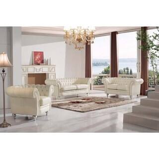 Luca Home Tufted Ivory Leather 3-Piece Living Room Set