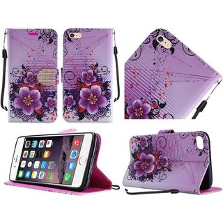Insten Purple/ White Flowers Leather Case Cover Lanyard with Stand/ Diamond For Apple iPhone 6 Plus/ 6s Plus