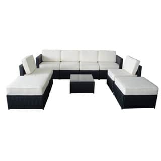 MCombo 9-Piece White Cushioned Black Wicker Sectional Sofa Set