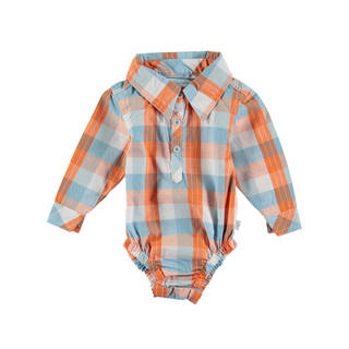 Rockin' Baby Blue and Orange Cotton Checked Woven Collared Bodysuit