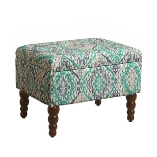 HomePop Rectangular Storage Ottoman with Modern Turned Wood Leg in Teal and Grey