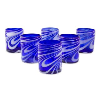 Handmade Set of 6 Blown Glass Rock Glasses, Whirling Cobalt (Mexico)