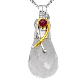 Orchid Jewelry Two-tone 925 Silver 15 1/6 Carat Faceted Crystal Quartz and Ruby Drop Pendant
