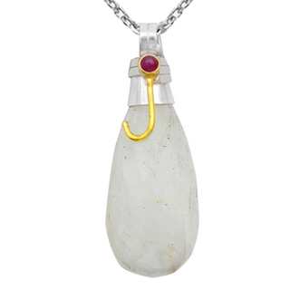 Orchid Jewelry Two-tone 925 Silver 50 1/7 Carat Faceted White Agate and Ruby Drop Pendant