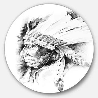 Designart 'American Indian Head Tattoo Black and White' Digital Art Large Disc Metal Wall art