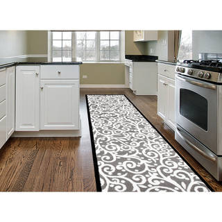 Modern Scroll Grey/White Polypropylene Runner Area Rug (2' x 7'2)