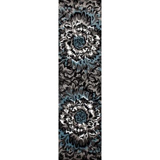 Modern Large Floral Pattern Blue/Grey Area Rug Runner (2' x 7'2)