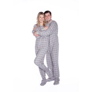 Big Feet Pajamas Unisex Adult Grey and White Cotton Flannel Plaid Footed One-piecePajamas