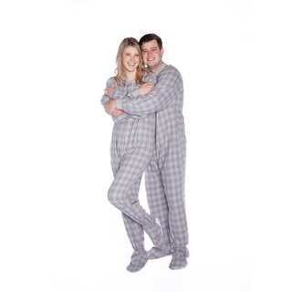 Big Feet Unisex Adult Grey and White Flannel Plaid Footed Drop Seat One-piecePajamas