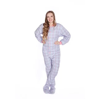Baby Blue and Pink Plaid Flannel Unisex Adult Footed One-piece