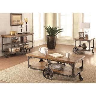Industrial Cart Design Occasional Table Set with Functional Iron Wheels
