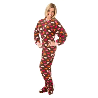 Brown with Hearts Fleece Unisex Adult Footed One-piece Pajamas by Big Feet Pajamas