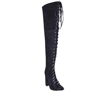 Lonia Shoes Women's Vivian Black Suede Over-the-knee Lace Up Boot