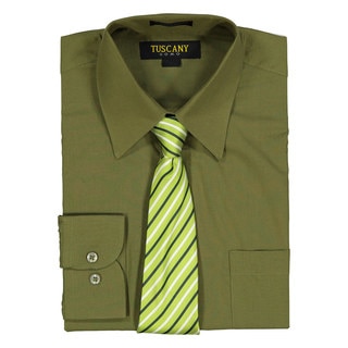 Men's Olive Regular-Fit Solid Long-sleeved Dress Shirt with Mystery Tie Set